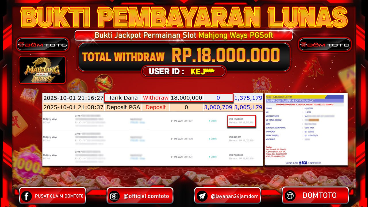 JACKPOT Slot Mahjong Ways PGSoft  01 OKTOBER 2025